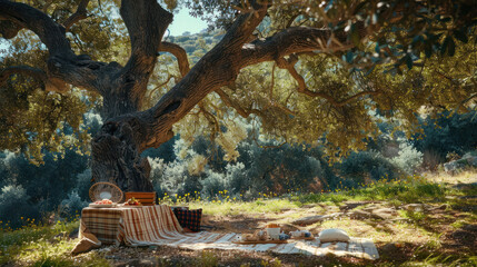 Fototapeta premium Picnic setup under a large, shady tree
