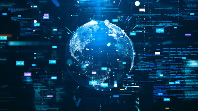 Digital technology concept with Earth surrounded by data streams and abstract binary codes. Global network communication on dark blue background.