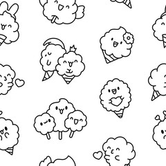 Cute kawaii cotton candy with a smile. Seamless pattern. Coloring Page. Sweet sugar cartoon food character. Hand drawn style. Vector drawing. Design ornaments.