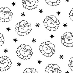 Cute kawaii chamomile. Seamless pattern. Coloring Page. Flower happy character with smile face. Hand drawn style. Vector drawing. Design ornaments.