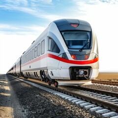 Obraz premium Modern Electric Train with Panoramic Windows Traveling through Countryside on Scenic Route against Isolated White Background with Copy Space