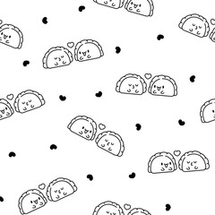 Cute kawaii dumpling. Seamless pattern. Coloring Page. Cartoon Chinese food characters. Hand drawn style. Vector drawing. Design ornaments.