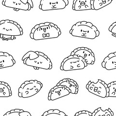 Cute kawaii dumpling. Seamless pattern. Coloring Page. Cartoon Chinese food characters. Hand drawn style. Vector drawing. Design ornaments.