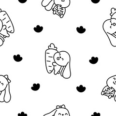 Cute kawaii bunny. Seamless pattern. Coloring Page. Cartoon little rabbit characters. Hand drawn style. Vector drawing. Design ornaments.