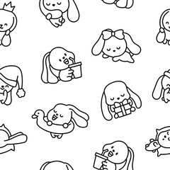 Cute kawaii bunny. Seamless pattern. Coloring Page. Cartoon little rabbit characters. Hand drawn style. Vector drawing. Design ornaments.