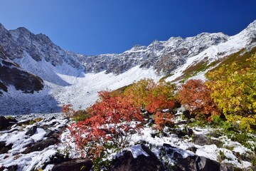 初雪を纏った秋の涸沢カール