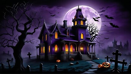 halloween haunted castle, dead tree, scary graveyard, with full moon and purple sky in the background. suitable for posters, flyers, banners and backgrounds for Halloween party invitation cards.