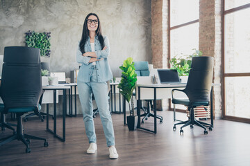 Photo of attractive good mood lady recruiter dressed denim jacket arms crosssed dreaming indoors...