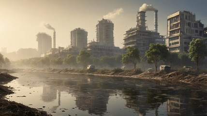 Fototapeta premium Toxic waste from Industries creates pollution and cities that are affected by pollution, fallout