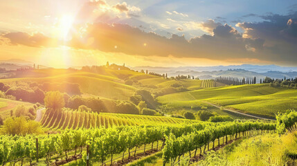 Fototapeta premium Scenic vineyard with rolling hills and bright sun