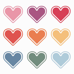 A grid of nine heart-shaped icons, each with a distinct color. They are arranged in a 3x3 matrix, with the colors being pink, purple, red, orange, yellow, light blue, dark blue, green, and teal. 