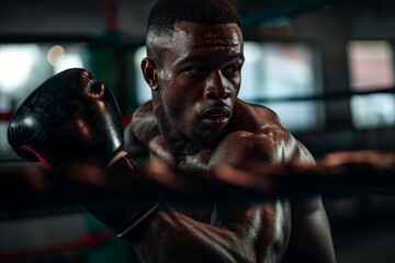 A boxer in gloves trains in the ring, intense training