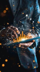 close-up of a businessman's hand holding a tablet with a 3d graph image