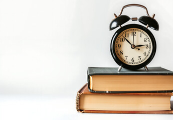 Vintage Alarm Clock on Stack of Books with Blank White Background and Copy Space