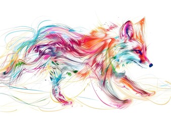 Illustration Fantasy Animal Arctic Fox Colorful Lines on White Background Generative AI