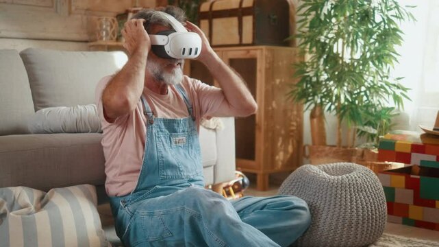 Excited senior retired man having fun using VR or virtual reality glasses in his spare time while his grandson is playing walking around the living room