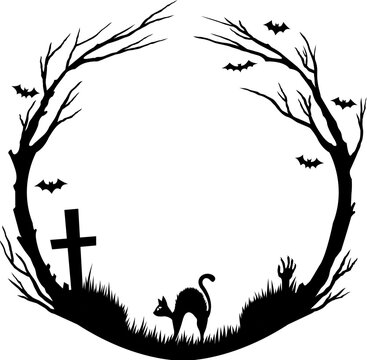 Halloween creepy round black frame. Halloween holiday spooky decoration, evil magic or horror creepy vector border or frame with black cat, cemetery grave cross and dry wood, flying bats silhouettes