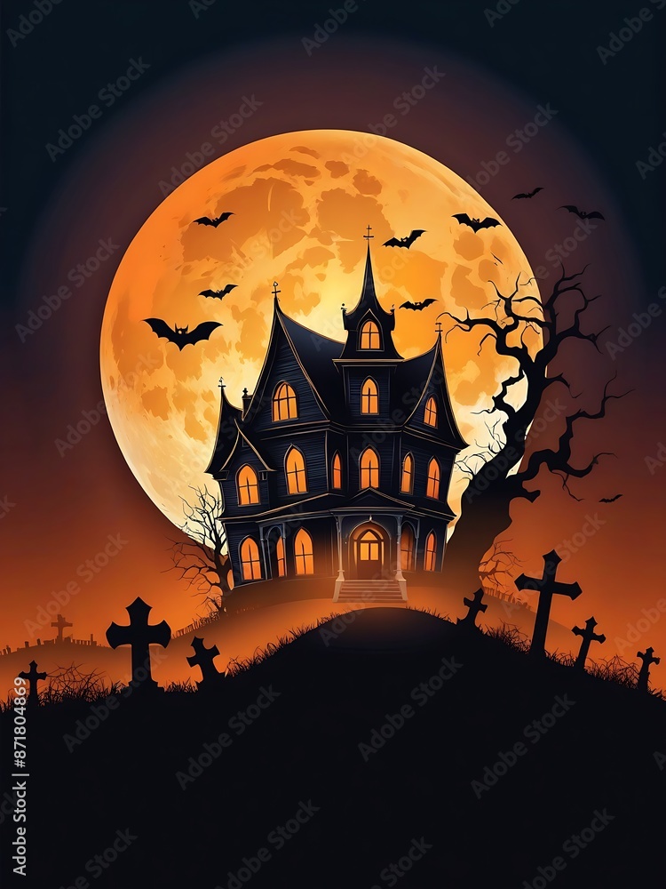 Wall mural halloween haunted castle, dead trees, scary graveyard, hills, with full moon and orange sky in the background. suitable for posters, flyers, banners and backgrounds for Halloween party invitation card