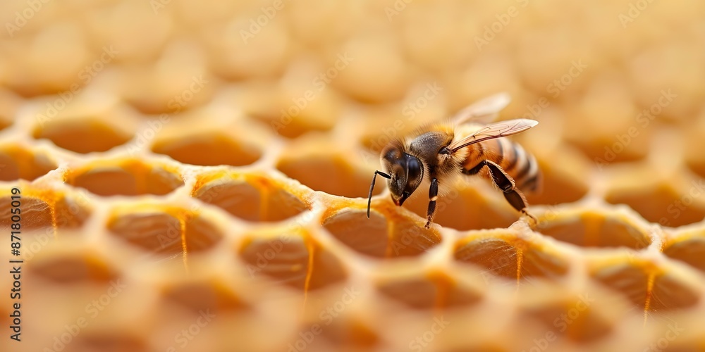 Poster macro shot captures bee on honeycomb highlighting intricate hive structure. concept nature photograp