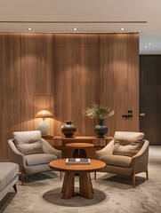 Fototapeta premium modern minimalistic luxurious tasteful living room with armchairs and wooden wall and ceiling lights