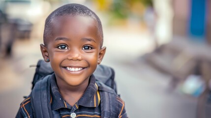Smiling african student with backpack in poor urban setting  back to school concept