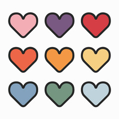 A grid of nine heart-shaped icons, each with a distinct color. They are arranged in a 3x3 matrix, with the colors being pink, purple, red, orange, yellow, light blue, dark blue, green, and teal.