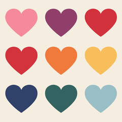 A grid of nine heart-shaped icons, each with a distinct color. They are arranged in a 3x3 matrix, with the colors being pink, purple, red, orange, yellow, light blue, dark blue, green, and teal. 