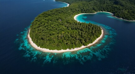 Fototapeta premium Tropical island aerial view, lush green forest on remote paradise beach, turquoise coral reef in deep blue ocean water, exotic travel destination