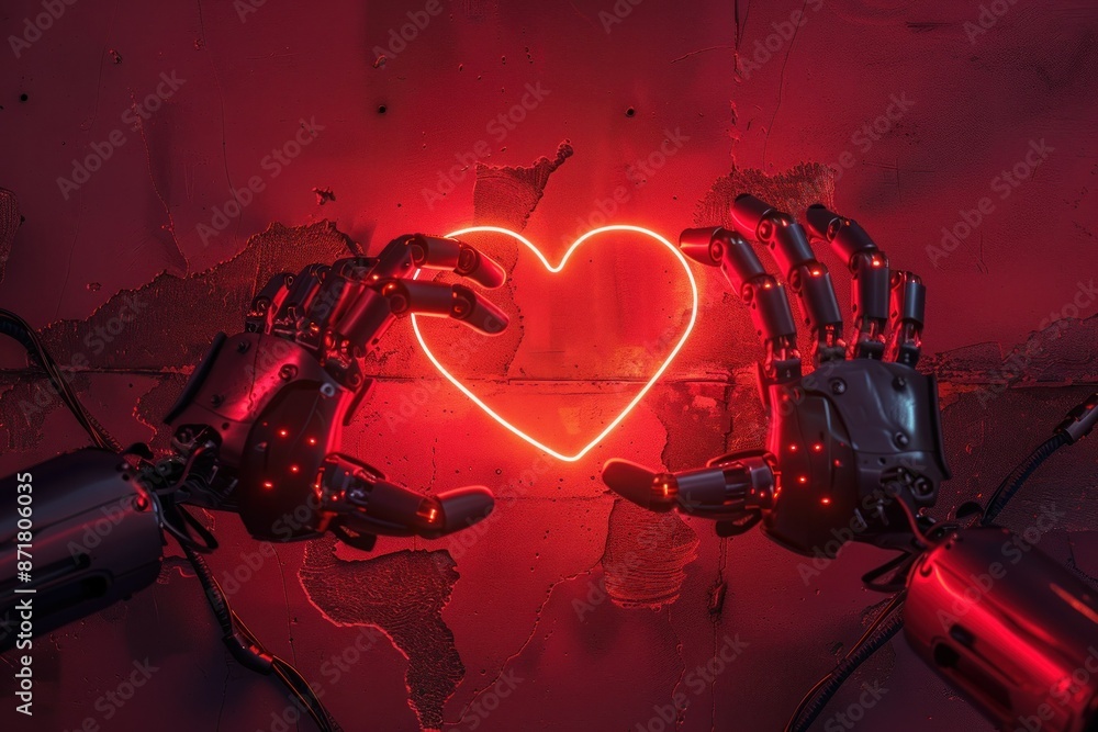 Poster robot hands holding up a red heart in front of a vibrant red background symbolizing love and connect