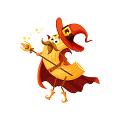 Cartoon Halloween italian pasta wizard character with magic staff. Isolated vector cornetti rigati noodle personage wearing red robe exudes spooky charm and adds flavor of Italy cuisine to the holiday