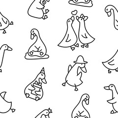 Funny goose characters. Seamless pattern. Coloring Page. Cute cartoon kawaii duck. Hand drawn style. Vector drawing. Design ornaments.