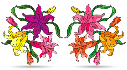 Set of stained glass illustrations with compositions of lily flowers, isolated on a white background