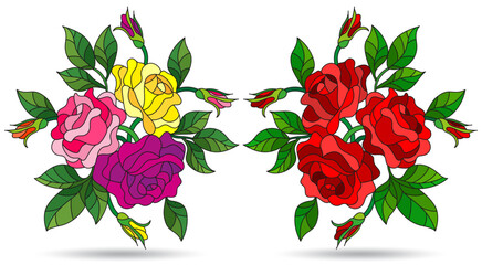 Set of illustrations in the style of stained glass with compositions of rose flowers, isolated on a white background