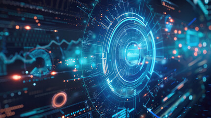 Obraz premium Futuristic Digital Interface with Holographic Elements and Data Visualization in Blue Tones