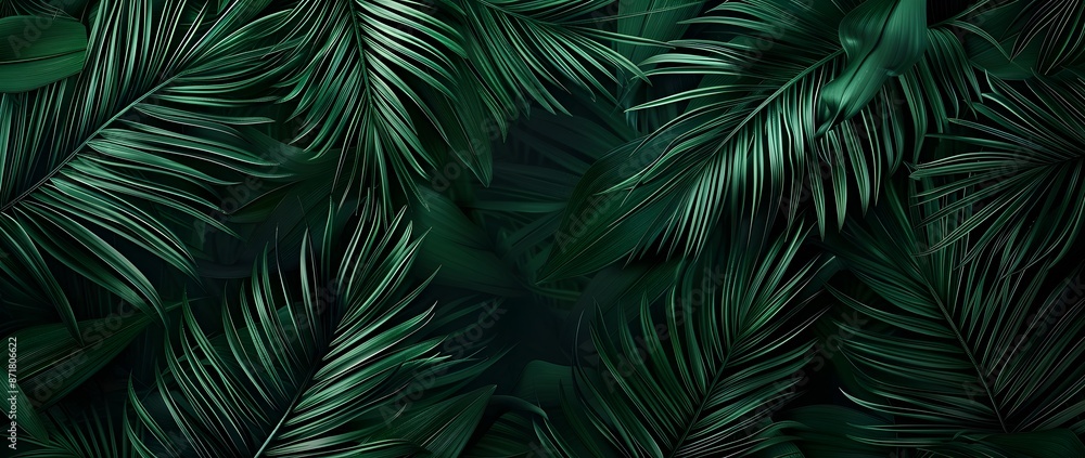 Poster dark green background with a seamless pattern of fine lines in the shape of palm leaves, creating an