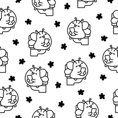 Cute animal pooping on toilet with phone. Seamless pattern. Coloring Page. Funny cartoon characters. Hand drawn style. Vector drawing. Design ornaments.