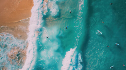 Fototapeta premium Surfers paddling out to catch waves at a popular beach