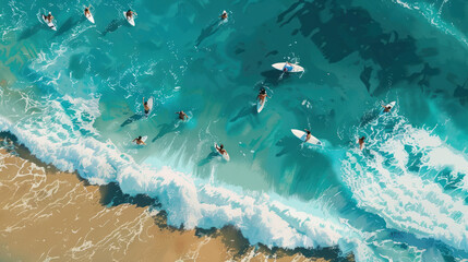 Surfers paddling out to catch waves at a popular beach