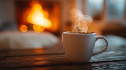 Steaming Coffee Mug by Cozy Fireplace