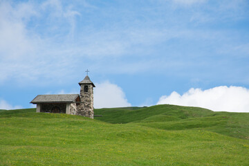 Idyllic little church near the Seceda peak in Val Gardena, Alto Adige, Italy