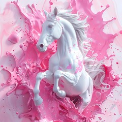 an image of a white horse with pink splashes on a pastel pink background, sculpture, 3d matte illustration  " ai generated "