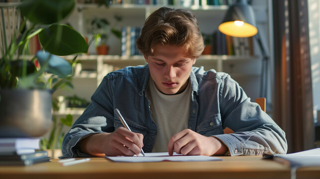 Focused Student Writing Notes at Desk in Bright Home Office with Plants and Books in Background