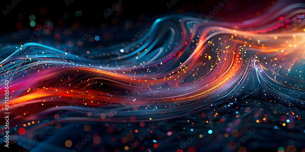 Poster vibrant digital swirls on dark background with circuit lines representing creativity. concept abstra
