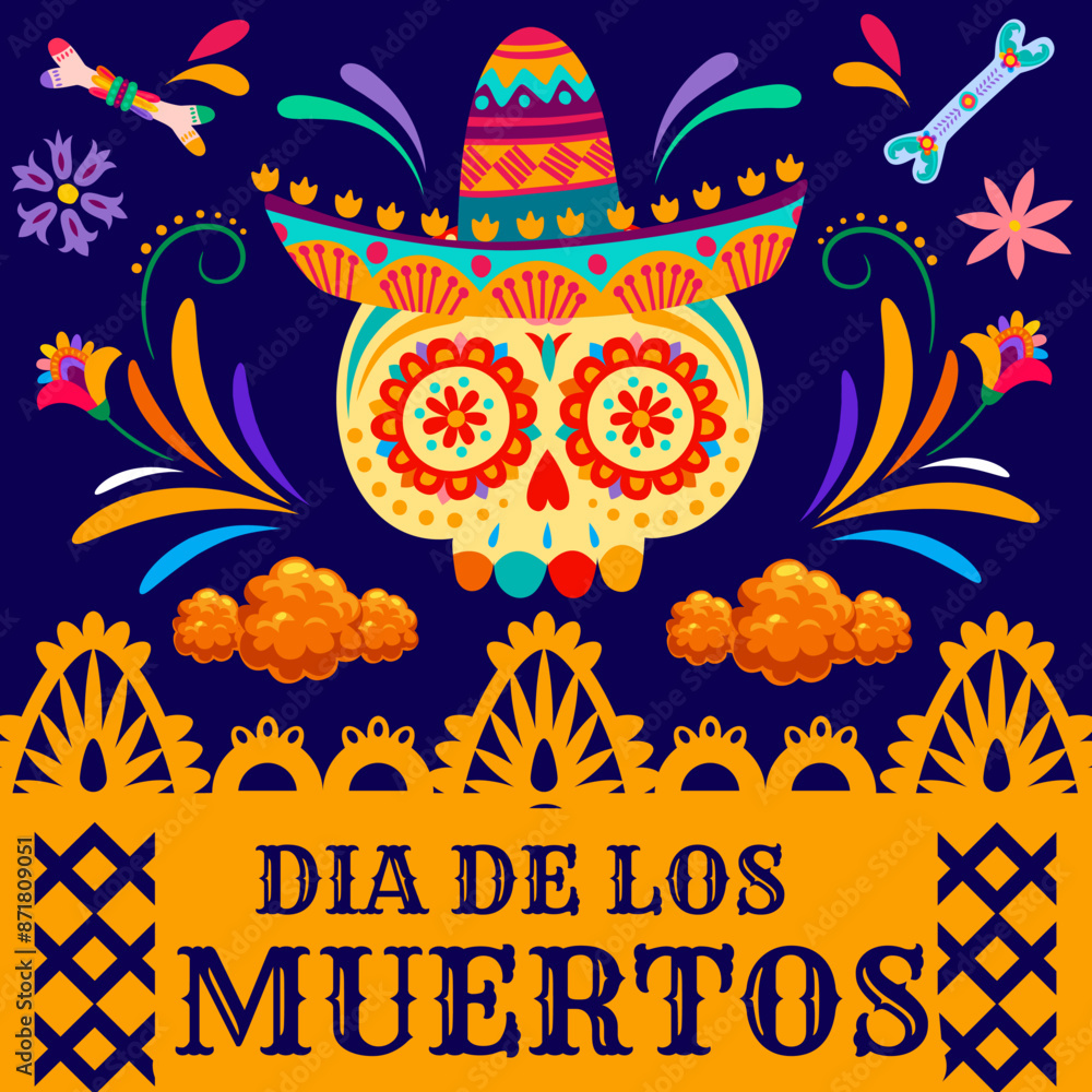 Wall mural day of the dead mexican holiday papel picado paper cut banner. dia de los muertos vector square gree