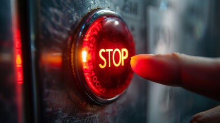 Finger Pressing Illuminated Red Stop Button
