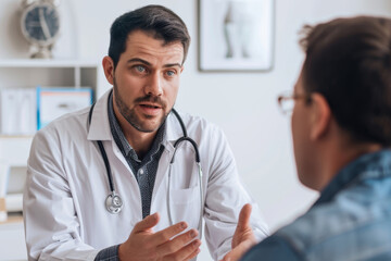 Fototapeta premium Doctor explains treatment to patient during office consultation