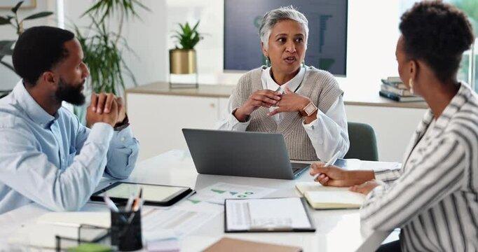 Laptop, group and business people training with mentor, discussion and writing notes at creative startup. Computer, diverse team and manager teaching with analysis, data and stats for ux researcher