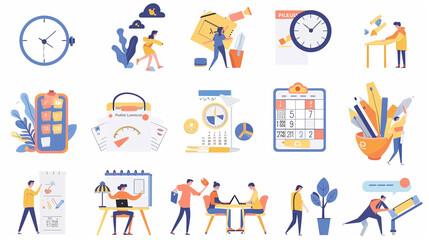 Time Management and Schedule Planning, Organizing Work and Life, Daily Task Organization, Flat Cartoon Vector Illustration Set, Efficient Time Use, Characters Managing Tasks and Calendar Markings