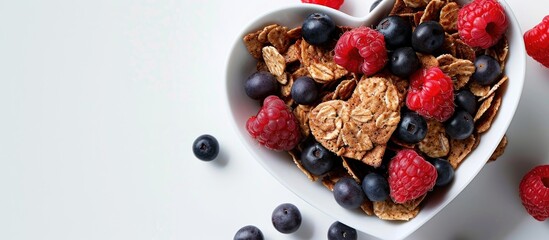 A heart-shaped bowl filled with bran flakes and berries is captured at an angle against a white backdrop, ideal for a copy space image.