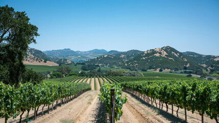 Fototapeta premium Vineyard with grapevines under a clear sky